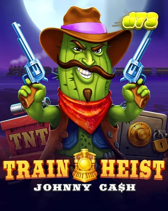 Tampilan visual slot Train Heist Johnny Cash dengan latar belakang gurun dan gerbong kereta